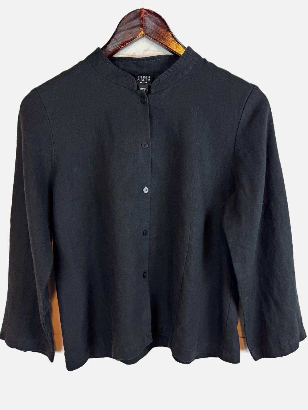 Eileen Fisher | Black 100% Linen Nehru Collar Jacket, MP